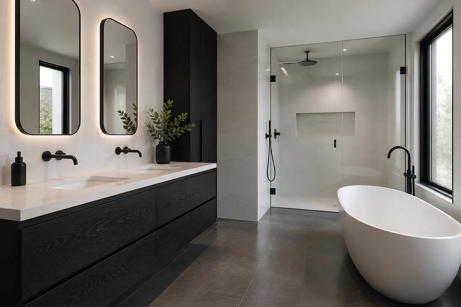Black and white modern bathroom with a charcoal vanity and white tile