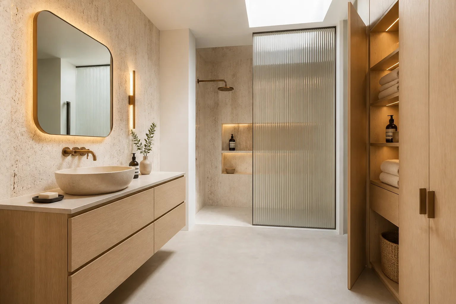 Modern bathroom with separate storage and shower zones