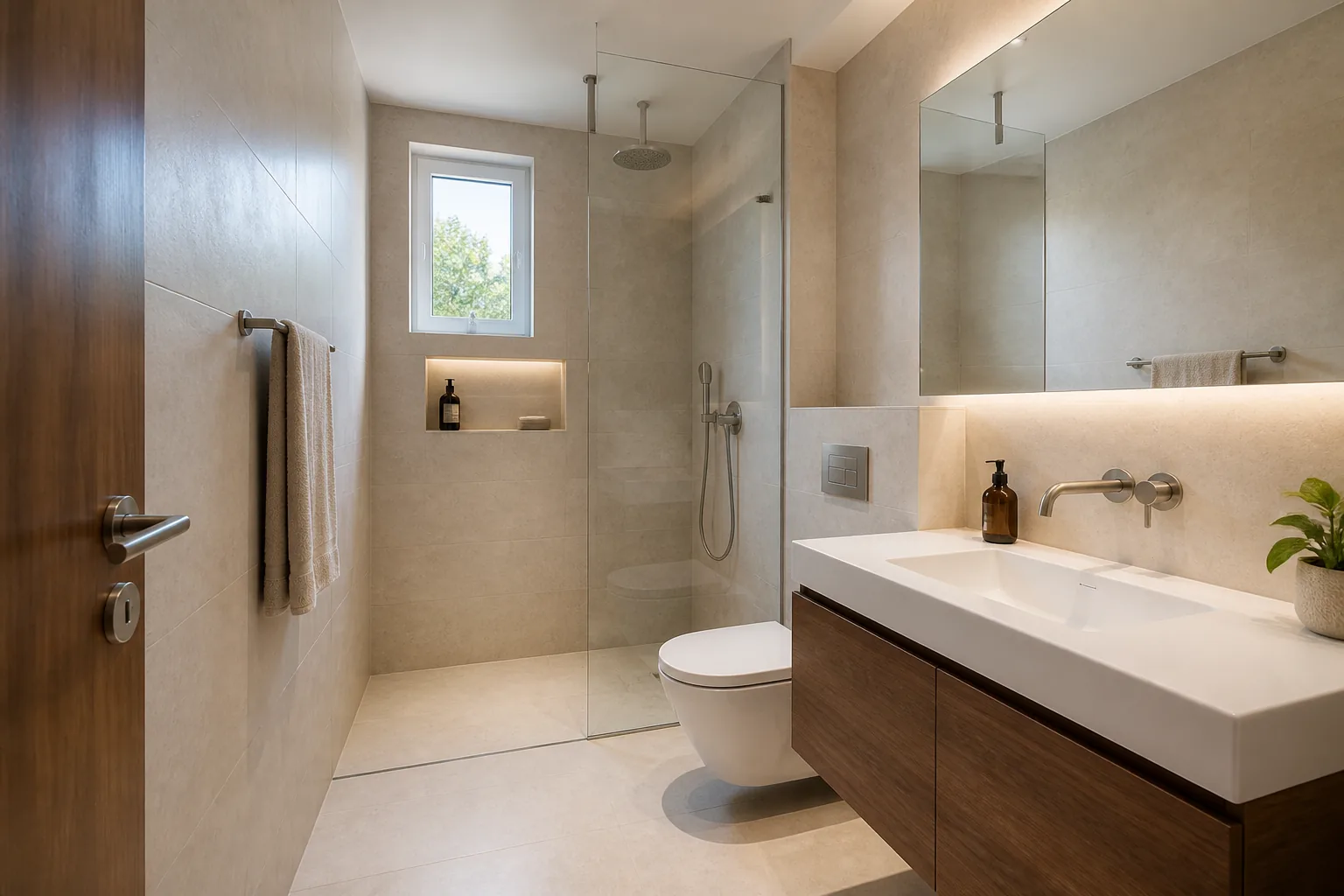 Small modern bathroom with an open central route
