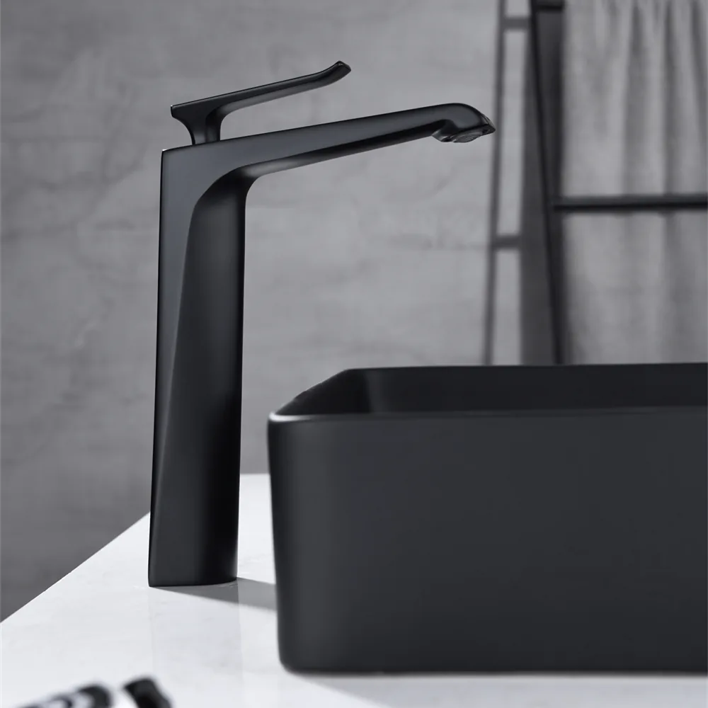 Front view of a modern matte black basin faucet